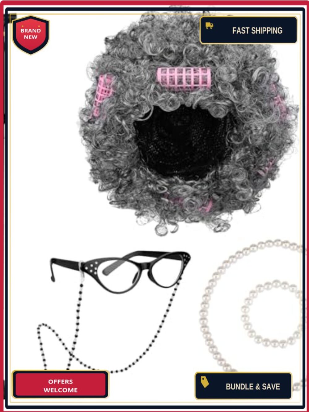 Old Lady Costume Set Curly Wig Glasses Pearl Necklace Bracelet Cane 100 Days